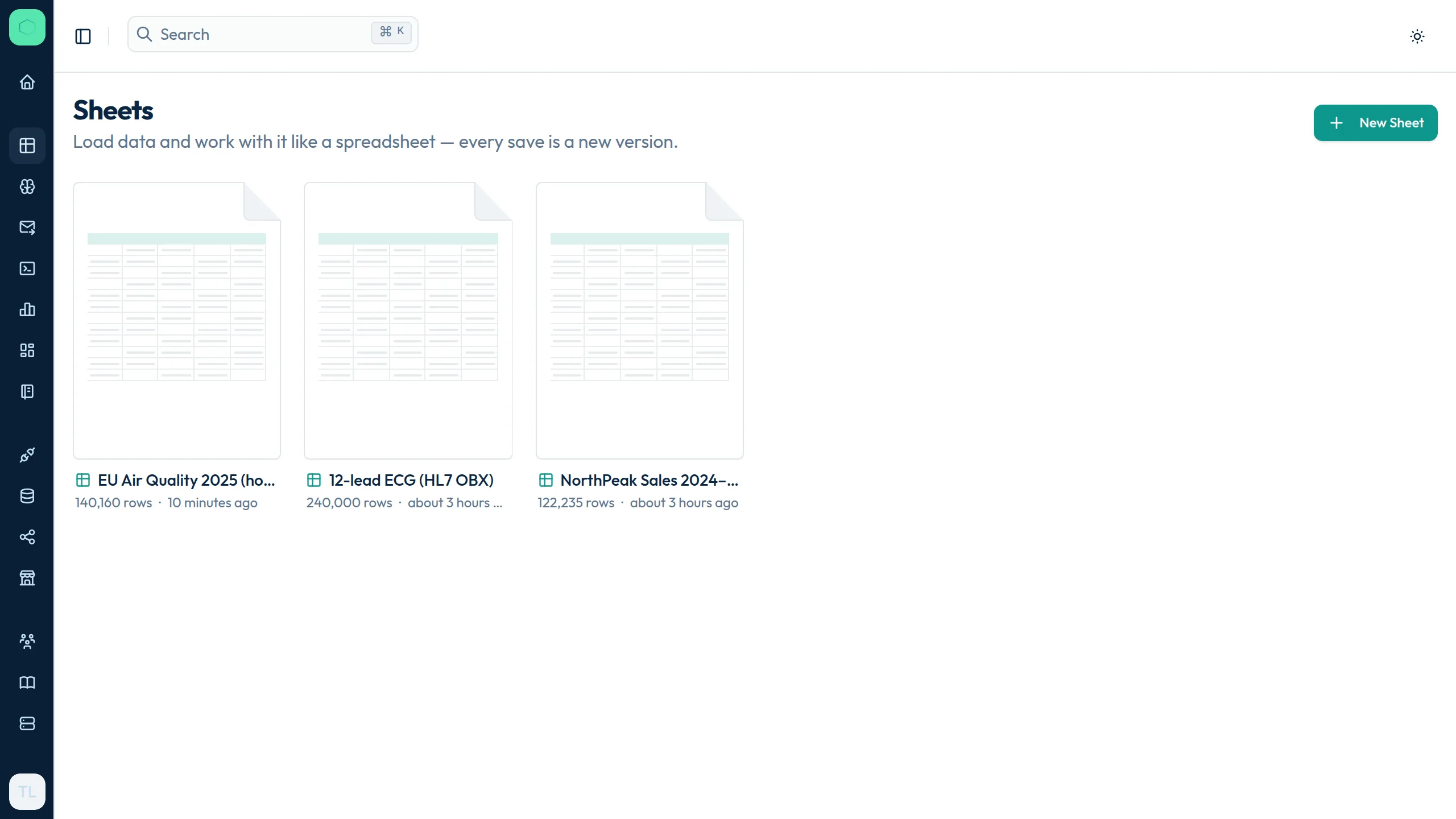 The Sheets overview showing sheets as document tiles with row counts and last-update times