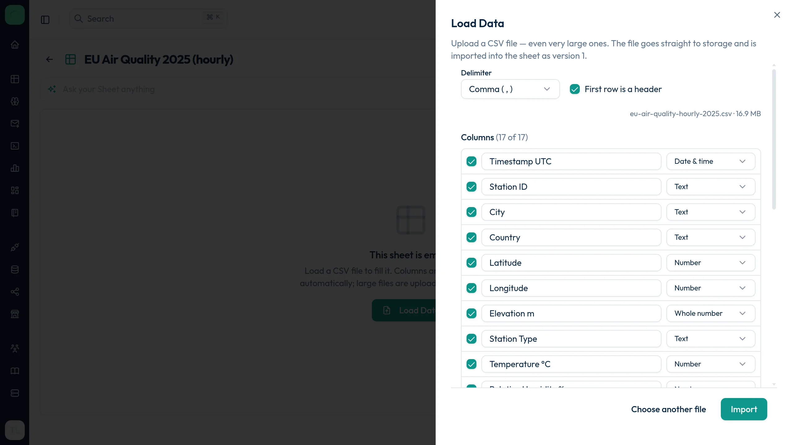 Icelake Sheets — Load Data detects column names and types of a large CSV uploaded straight to European storage
